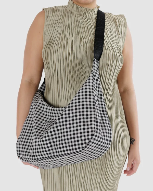 Large Nylon Crescent Bag Black & White Gingham