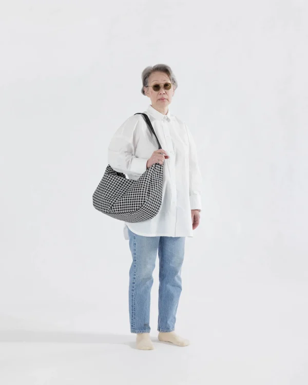 Large Nylon Crescent Bag Black & White Gingham
