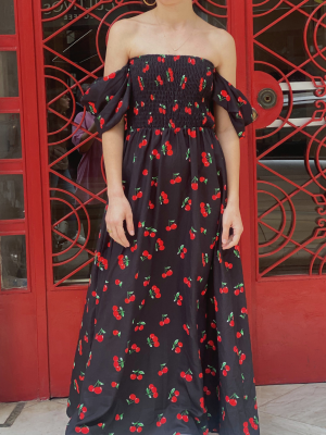 Off the Shoulder Dress with Cherries Black