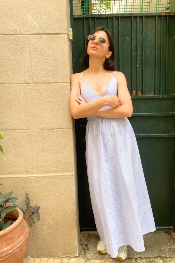 Midi Dress Stripped Backless Blue