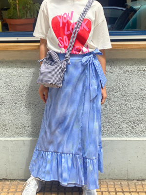 Midi Wrapped Vichy Skirt Blue