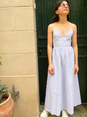 Midi Dress Stripped Backless Blue