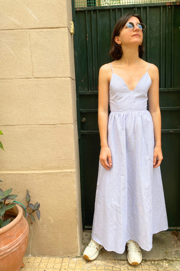 Midi Dress Stripped Backless Blue