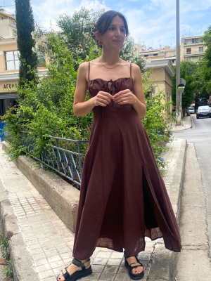 Μάξι Φόρεμα Με Κορδόνια Καφέ