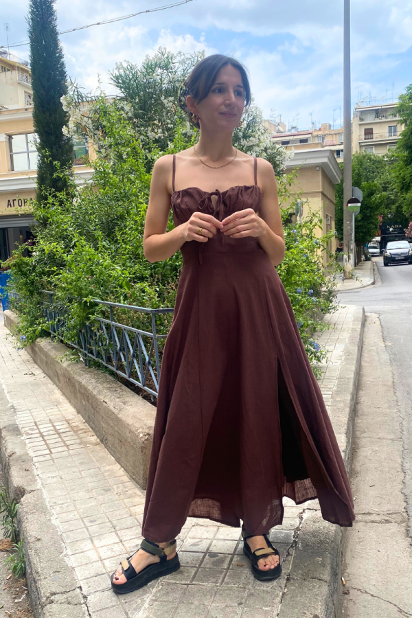 Μάξι Φόρεμα Με Κορδόνια Καφέ