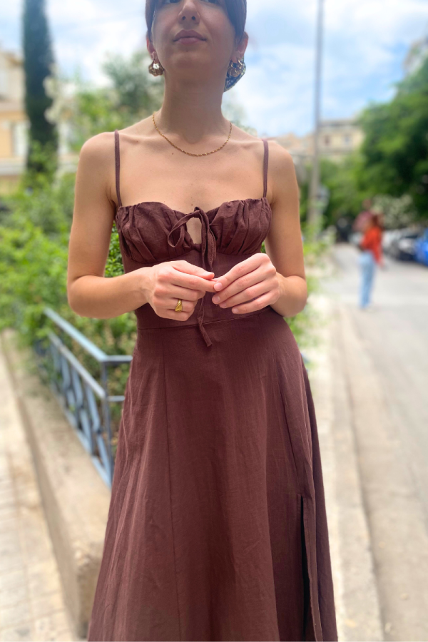 Μάξι Φόρεμα Με Κορδόνια Καφέ