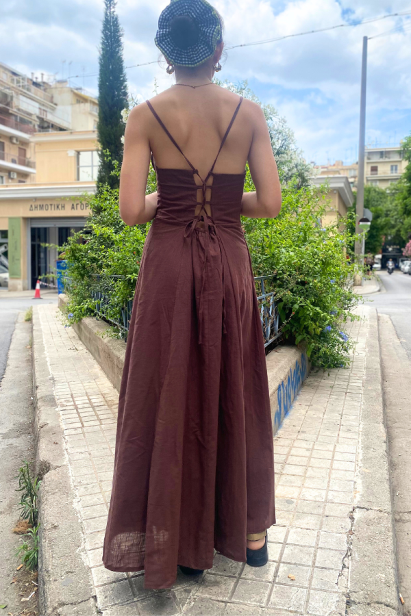 Μάξι Φόρεμα Με Κορδόνια Καφέ